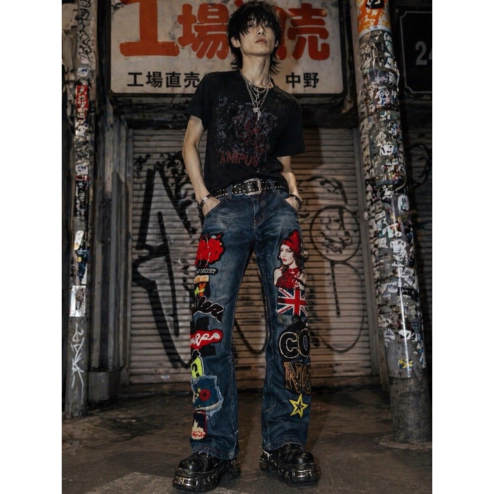 BiePa Jeans 1971  Graffiti Distressed Appliqué 40x34 Japanes Streetwear Harajuku